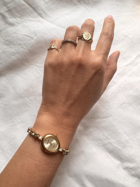 Dainty Bracelet Watch; Vintage Heart Detailed Stone Watch