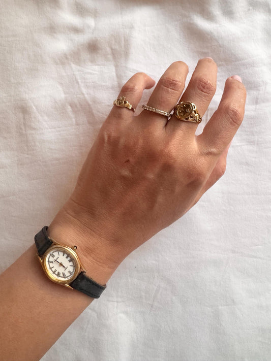 Vintage Roman Number Watch; Black Leather Watch