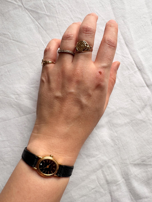 Vintage Black Leather Watch; Oval Vintage Watch