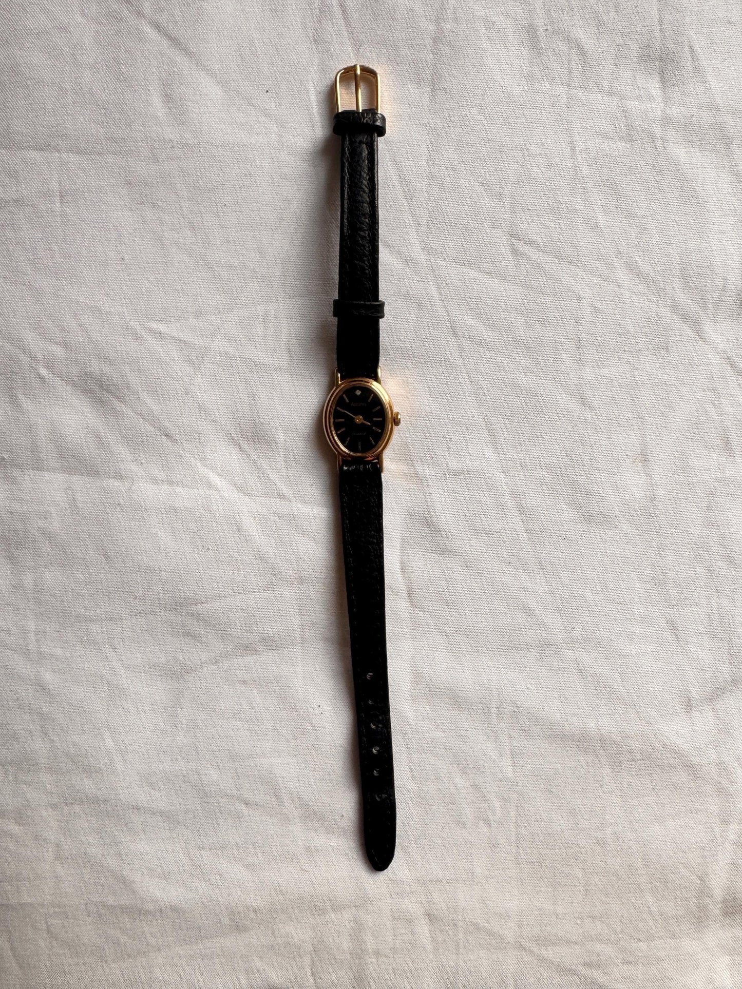 Vintage Black Leather Watch; Oval Vintage Watch