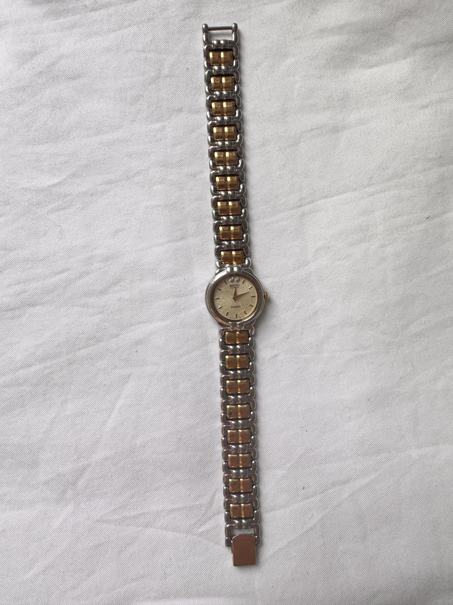 Vintage Seiko Wristwatch; Gold Silver Look Stone Watch