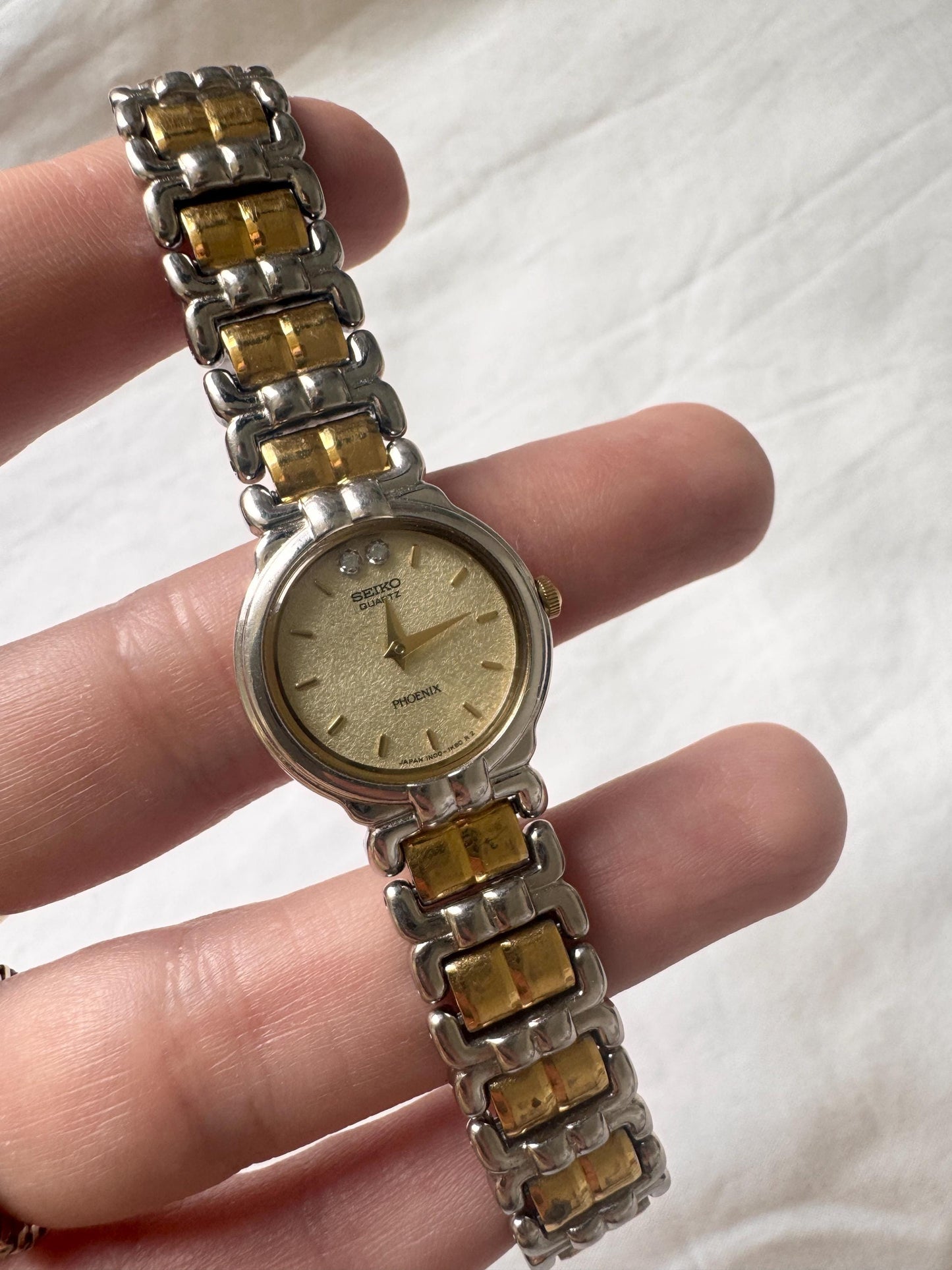 Vintage Seiko Wristwatch; Gold Silver Look Stone Watch