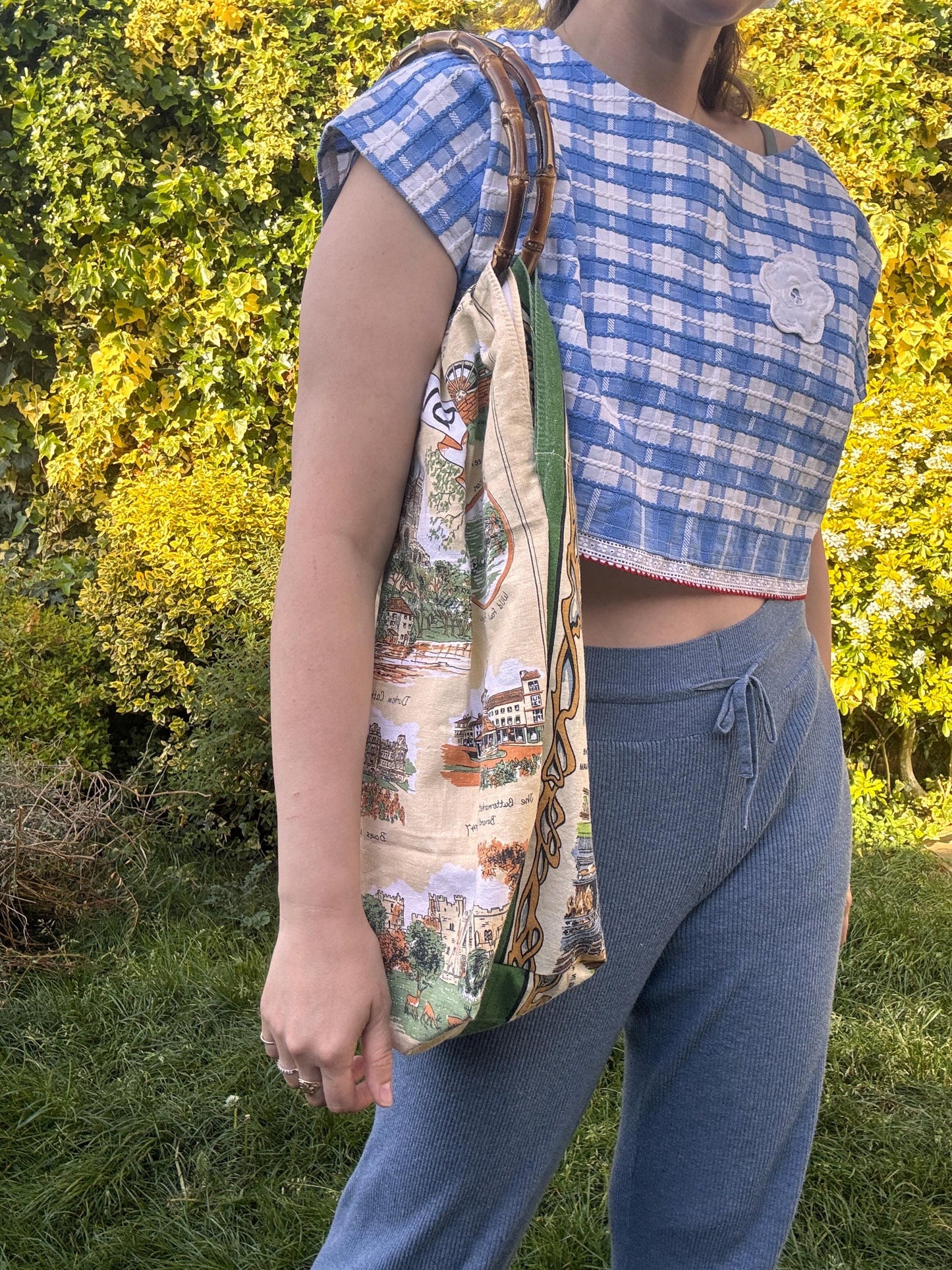 Cotton Shopping Bag; Upcycled Handmade Bamboo Handle Bag