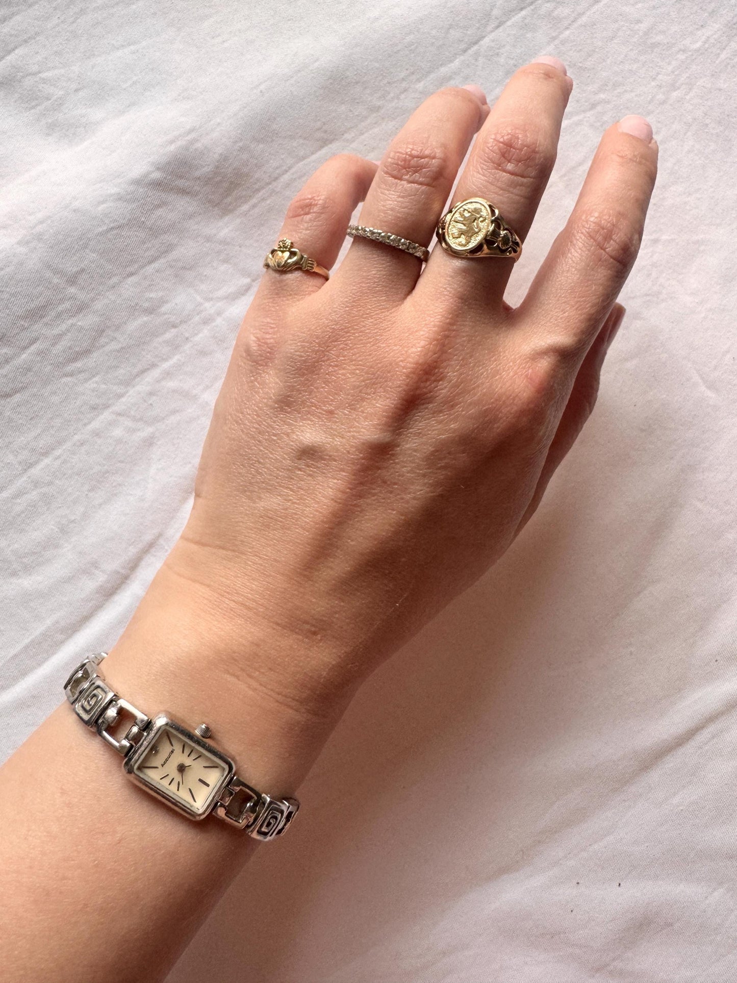 Dainty Square Watch; Vintage Silver Stone Watch