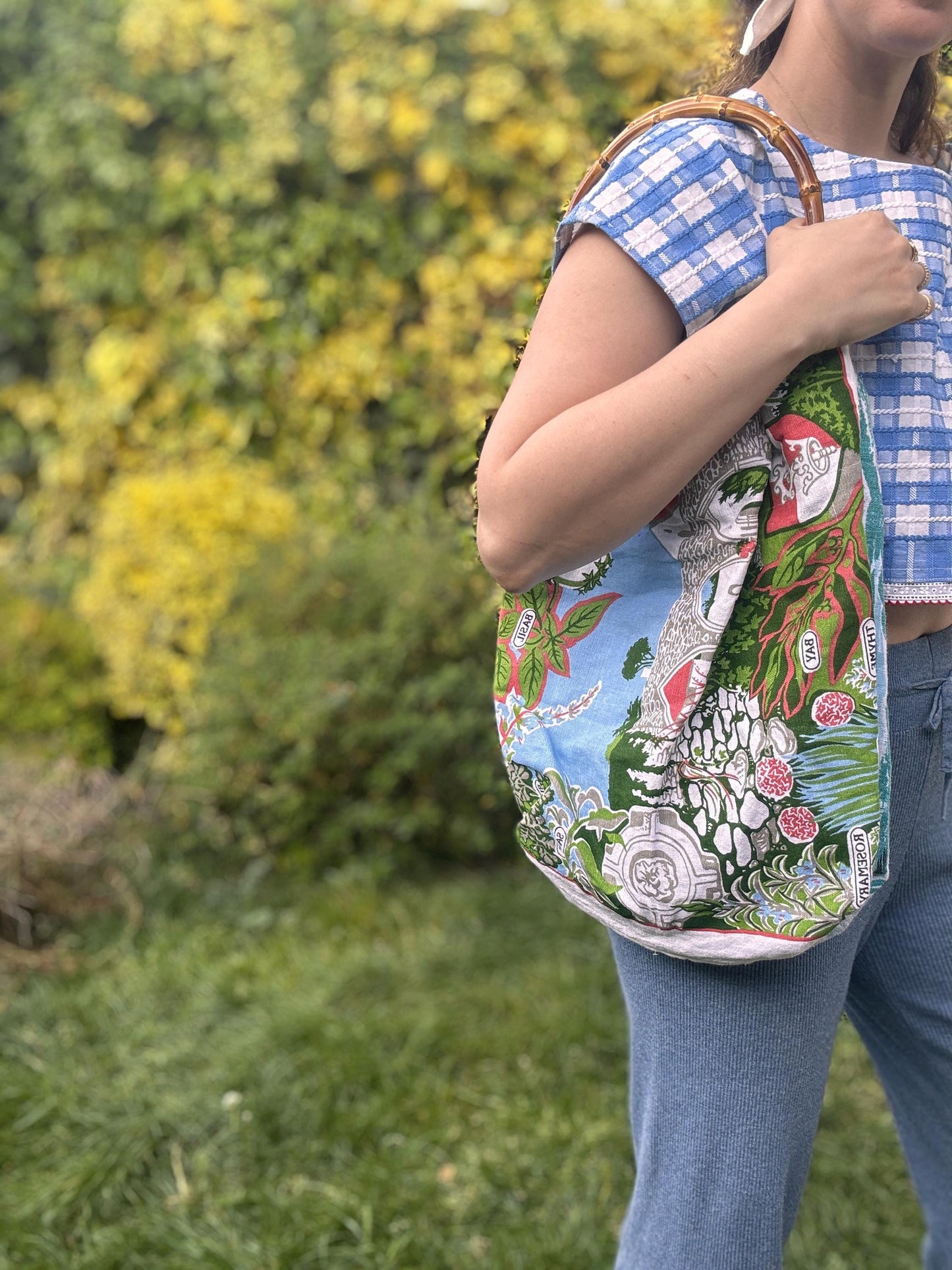 Upcycled Shopping Bag; Handmade Bamboo Handle Bag