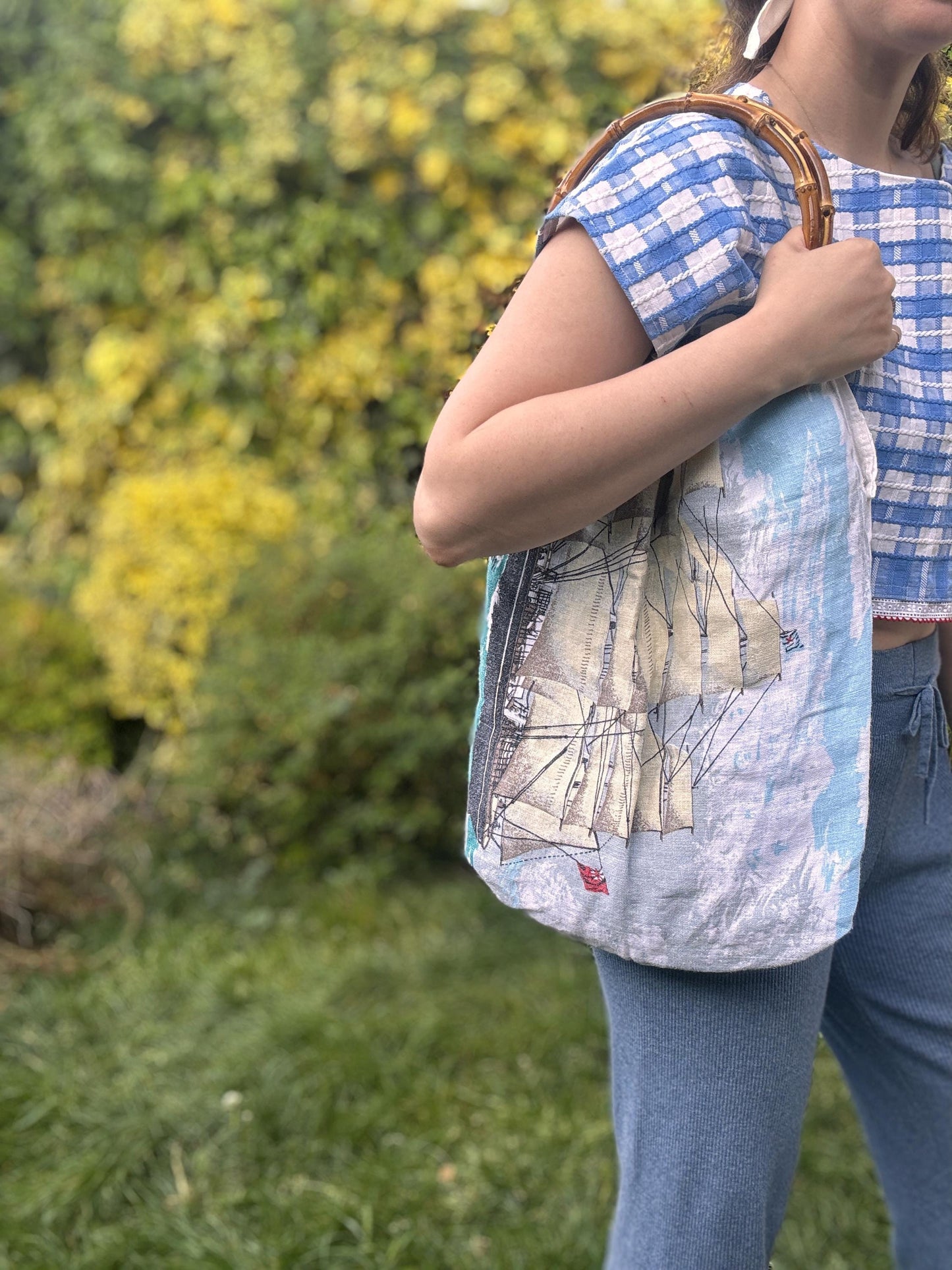 Upcycled Shopping Bag; Handmade Bamboo Handle Bag