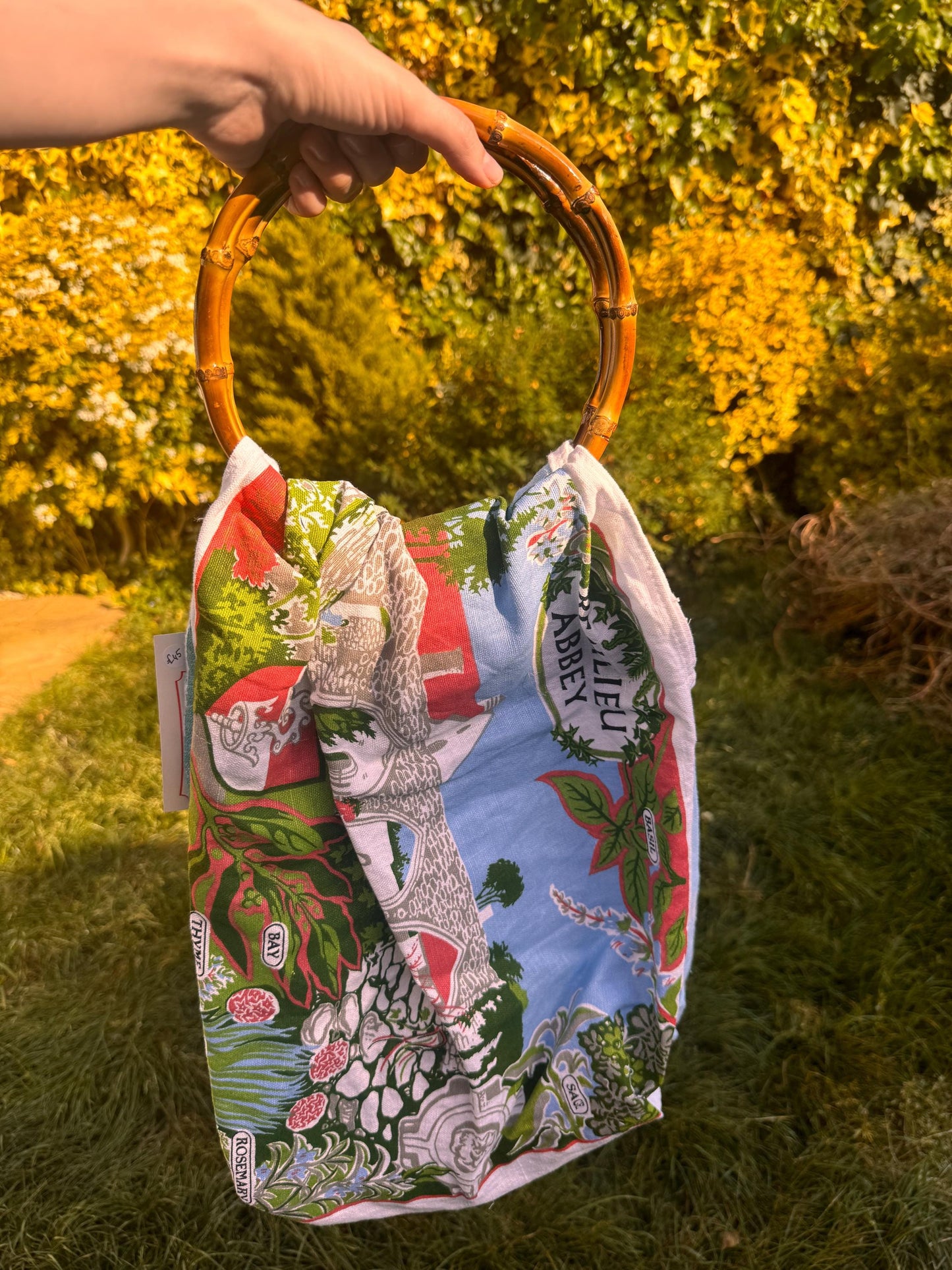 Upcycled Shopping Bag; Handmade Bamboo Handle Bag