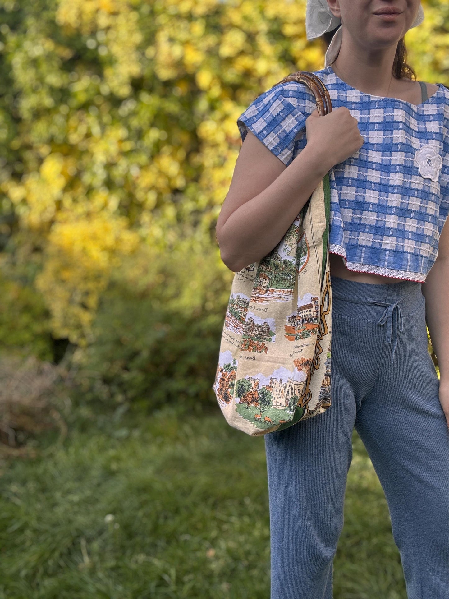 Cotton Shopping Bag; Upcycled Handmade Bamboo Handle Bag