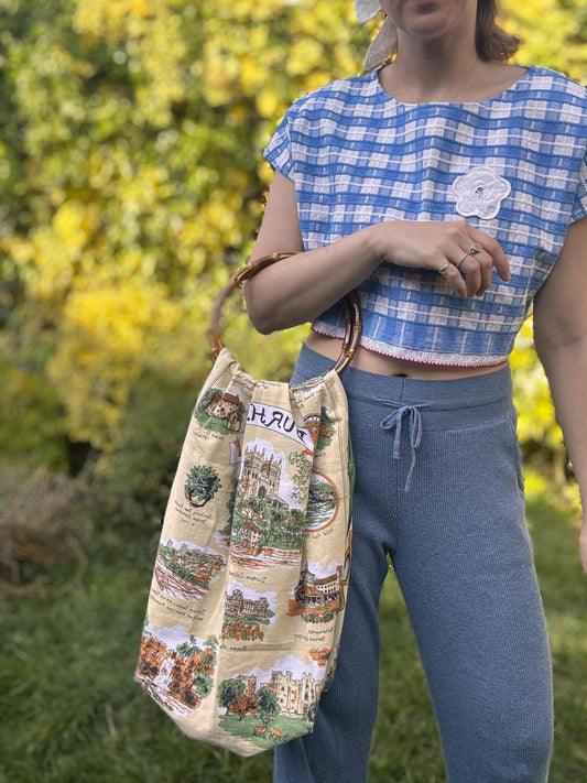 Cotton Shopping Bag; Upcycled Handmade Bamboo Handle Bag