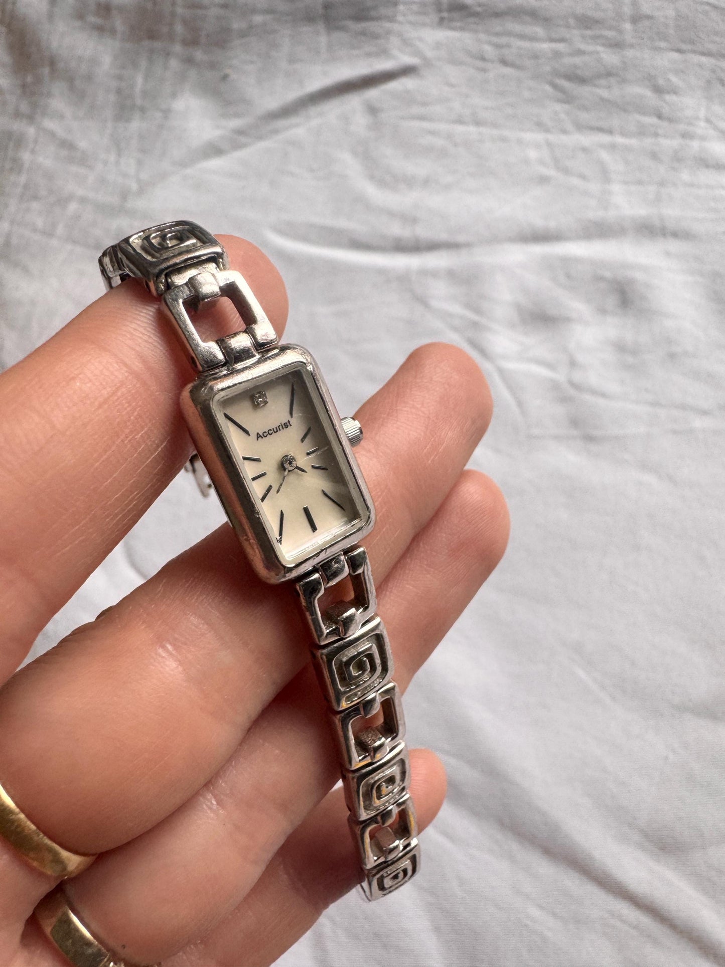 Dainty Square Watch; Vintage Silver Stone Watch