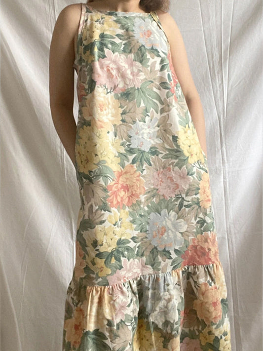 Reworked Floral Ruffle Dress; Upcyled Embroidered Summer Dress