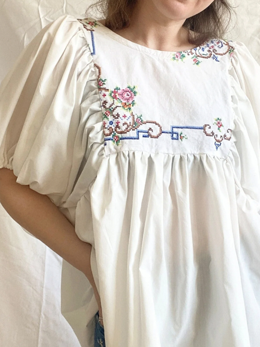 Embroidered Reworked Blouse; Cottagecore Romantic Top