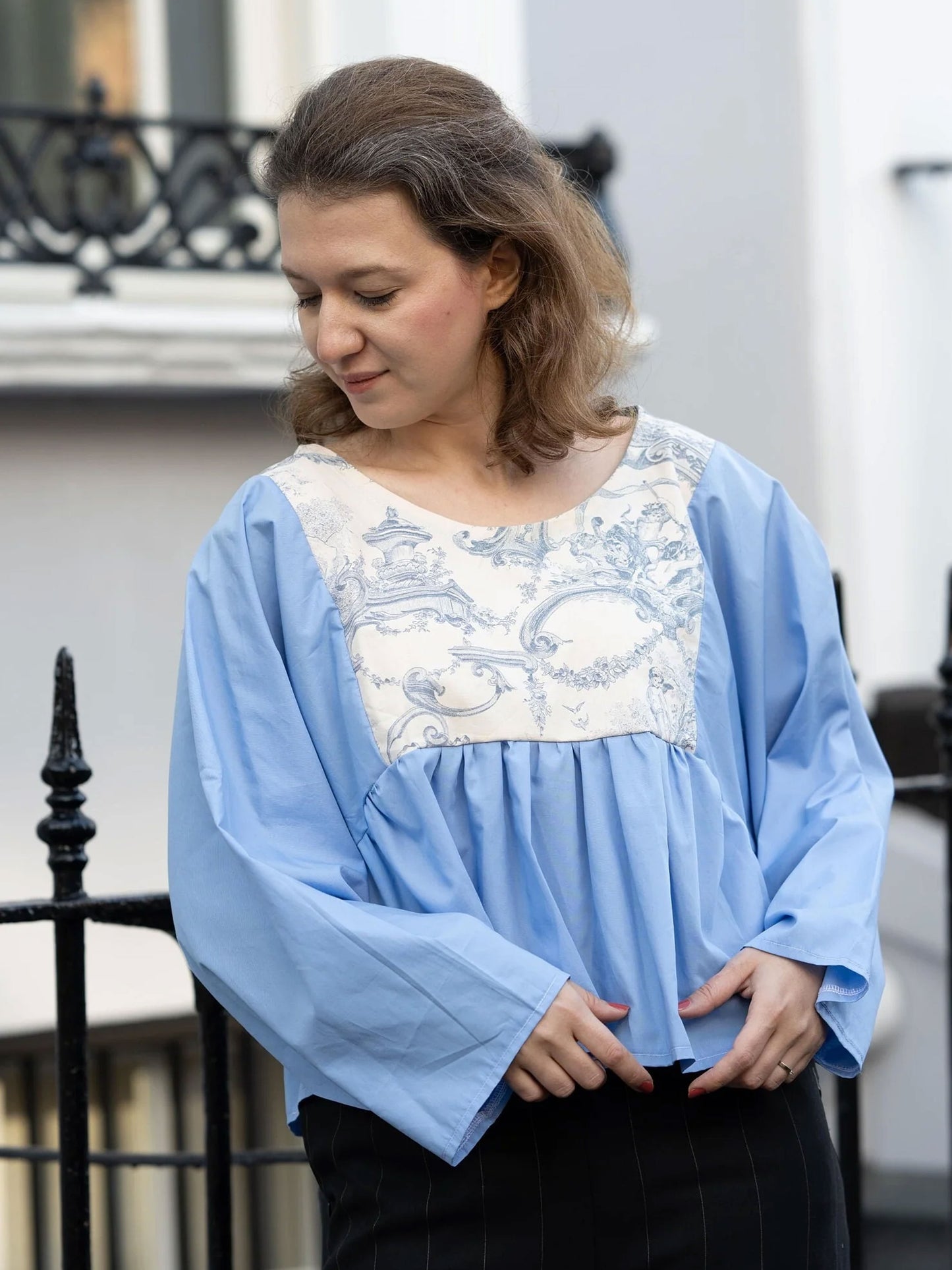 Reworked Blue Blouse; Upcyled Oversized Blouse; Toile de Jouy Blouse
