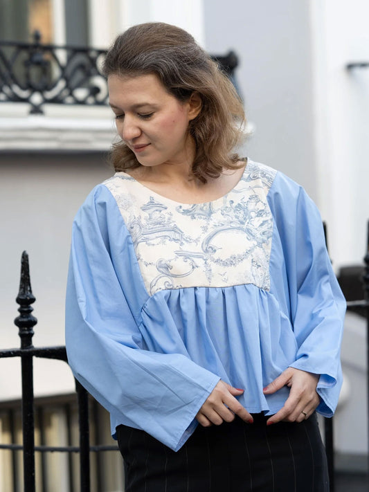 Reworked Blue Blouse; Upcyled Oversized Blouse; Toile de Jouy Blouse